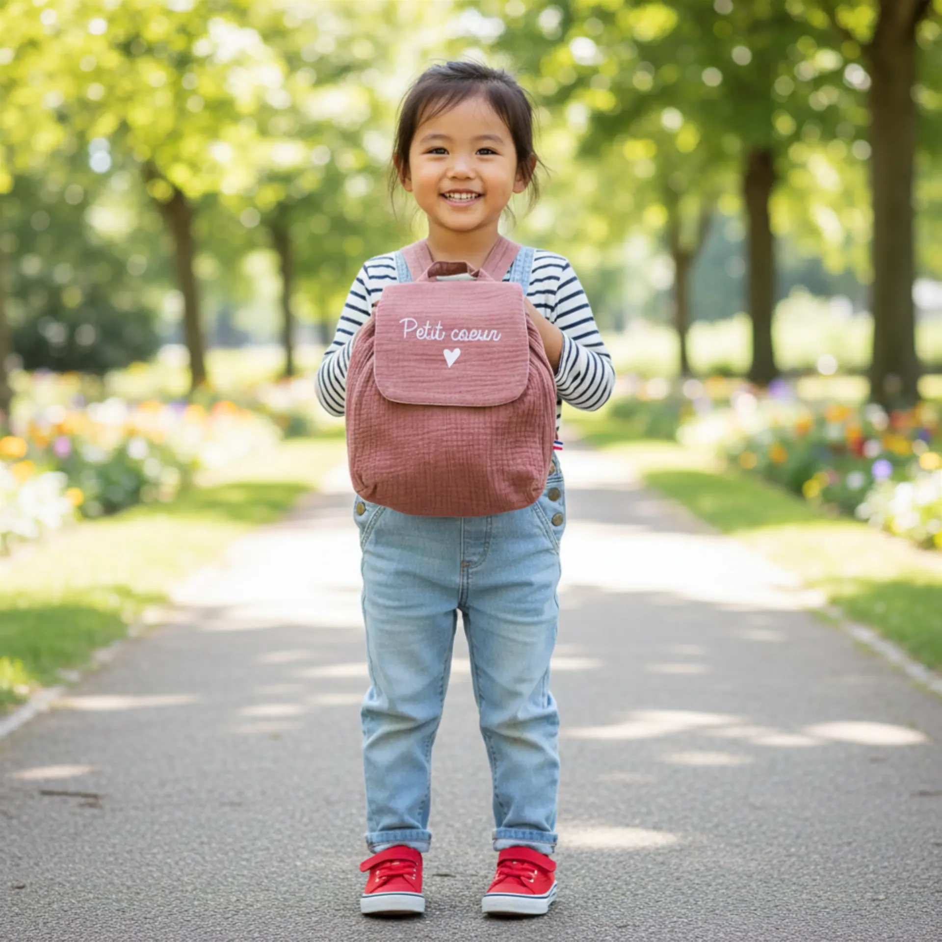 Sac à dos personnalisé double gaze  de coton vieux rose - Petit coeur (Idéal crèche / maternelle)