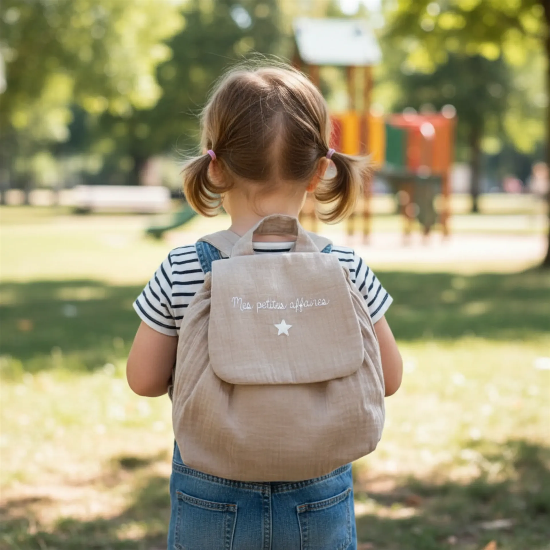 Sac à dos personnalisé double gaze  de coton beige - Mes petites affaires (Idéal crèche/maternelle)
